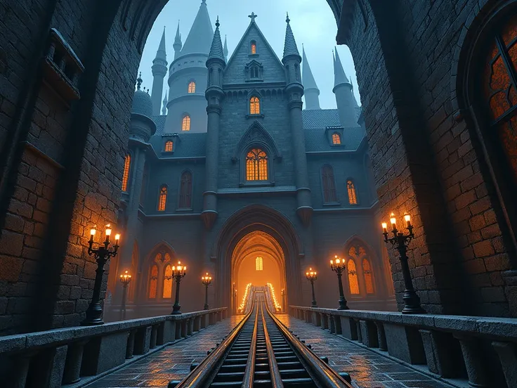  "A thrilling rollercoaster enters the grand entrance of a massive, fairy-tale castle. The castle is towering, with high stone walls, glowing windows, and spires reaching toward the sky. The rollercoaster races through the grand, arching doorway, with ride...