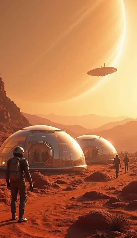  A human colony on Mars ,  with transparent domes inhabited by humans dressed in advanced space suits; in the sky,  an interstellar ship flies over ,  while the rings of a giant planet are seen on the horizon . Martian reddish background , Wide shot,  hype...