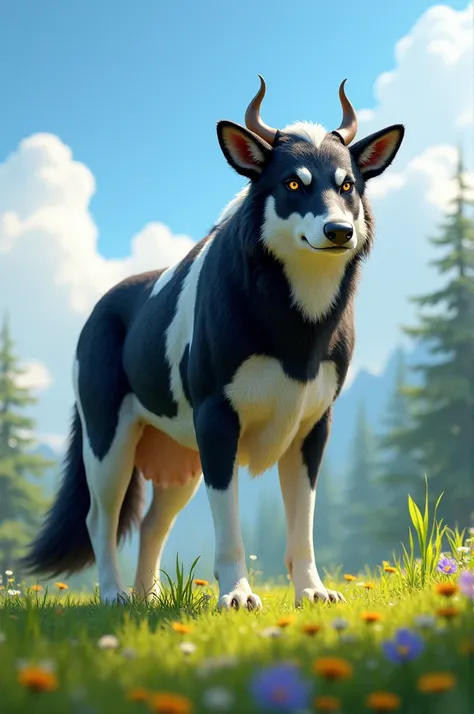 "A majestic hybrid animal combining a wolf and a cow, featuring the muscular body and legs of a wolf, covered in black-and-white cow-like patterns, with a wolfs sharp ears and fierce eyes, but adorned with small cow horns and a gentle tail tuft. The settin...