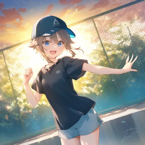 1girl, little female, tomboy, sweat, shorts,beautiful detailed eyes,open mouth,baseball_cap, outdoors, wind,  game CG, break,(artist:mitsumi_misato),artist:fujiyama,artist:kokonoka, (artist:amazuyu_tatsuki:0.5),(artist:tsunako:0.3),(artist:fuzichoco:0.3),b...