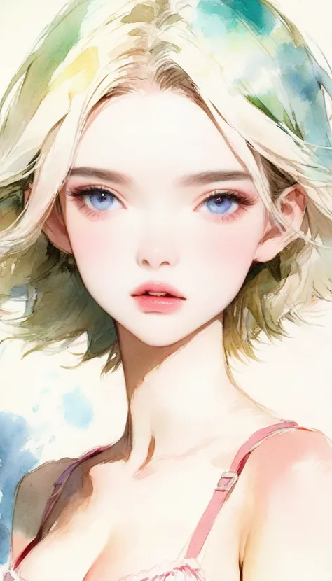 {(masterpiece,best quality, 16K portrait, UHD, extremely detailed the work, detailed beautiful face and eyes and skin and hair)} BREAK ((watercolor image:0.5) BREAK {1 elf:1.4 woman,(pale-off-white colored hair:1.4, short cut hair),(very small Almond-shape...