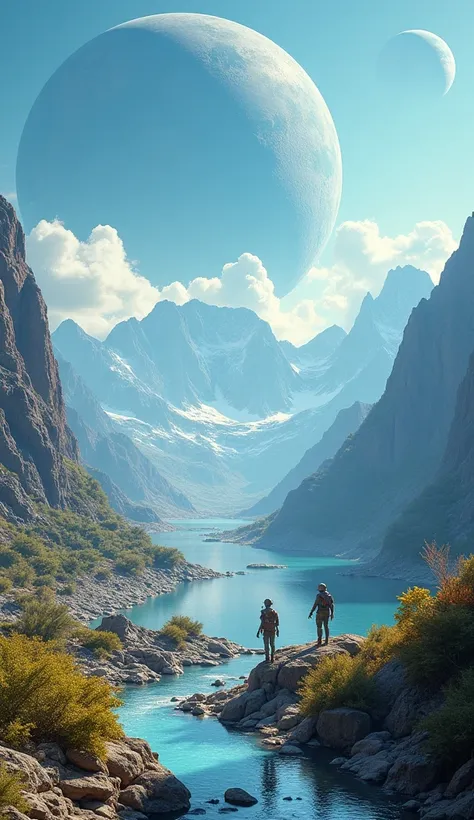  A transformed planetary landscape with crystalline rivers ,  alien vegetation and blue skies under a dome that protects the atmosphere;  scientists working with drones and futuristic machinery in the foreground . Background with mountains and moons floati...