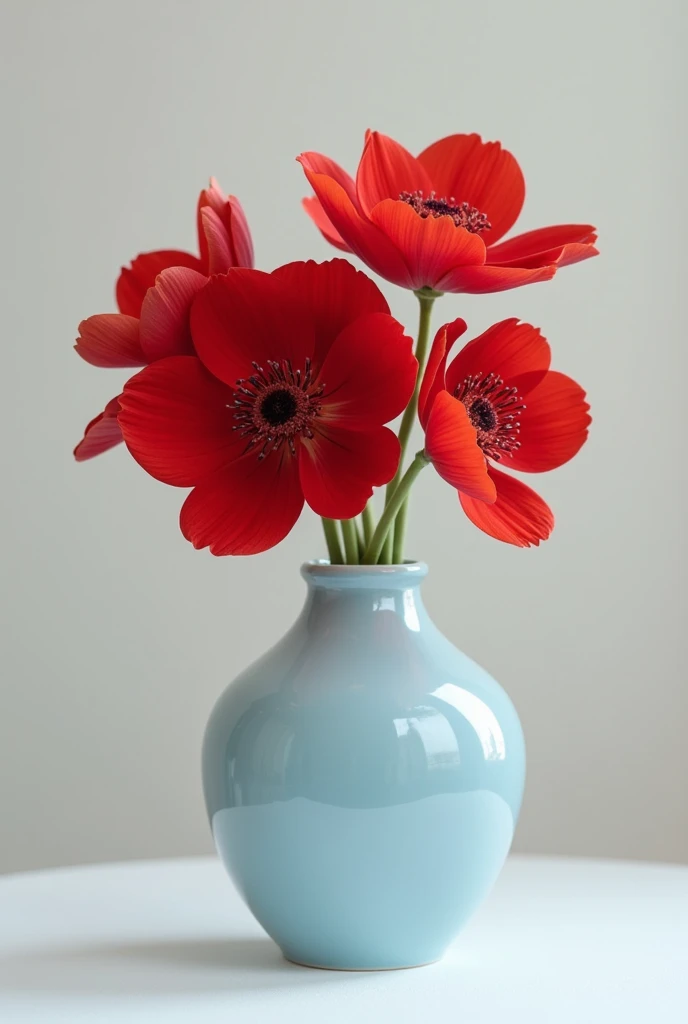 Light blue bulbous vase with large bright red flowers in it