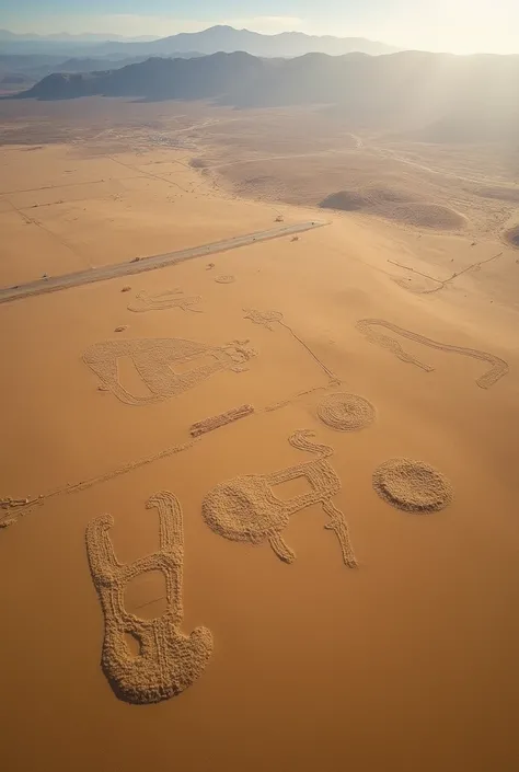 A sweeping aerial view of the Nazca desert showing large, overlapping geoglyphs, with animal and geometric shapes scattered across the barren landscape."