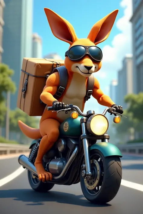 Kangaroo with goggles on a motorcycle with delivery backpack 