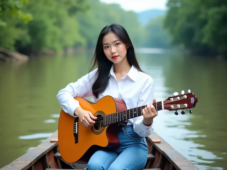 asian cambodian lady singer, wearing jeans and white shirt, on a traditional boat on the Mekong, playing guitar, facing camera