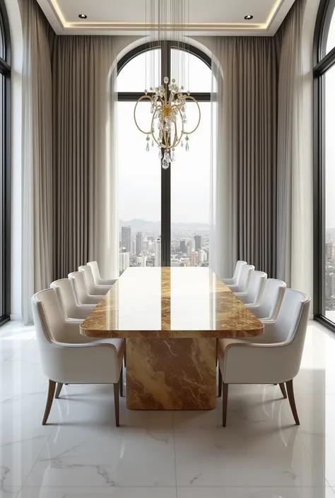 Architectural professional 3D rendering of a dining table made of marble in gold color and very expensive and boxing and modern and luxurious chairs in white and beautiful white stone floor and modern and luxurious windows with beautiful white gray curtain...