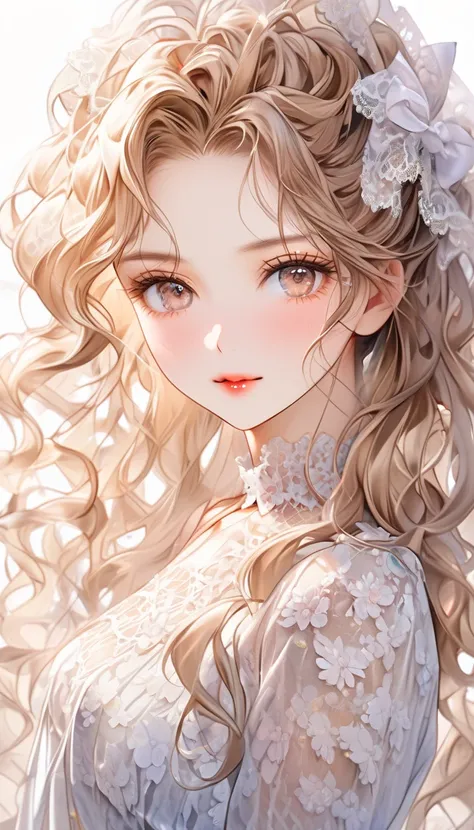  top quality , Super fine, 16k, incredibly absurdres,  extremely detailed , 2.5D,  Delicate and Dynamic Depiction ,  beautiful women, Passionate and lascivious expression, Light brown messy wavy hair, compensate, cute dress with lace,  sparkling and fluffy...