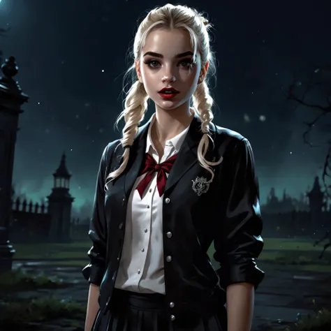 in the style of Charlie Bowater, (UHD), vampire, girl (teen), school uniform, ponytail, blonde curls, innocent look, fangs, at night in a cemetery