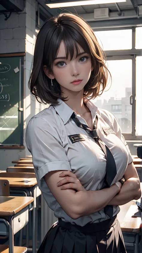 Young female,short or medium-short hair, black or dark brown hair, brown or black eyes, alert and strong gaze, uniform-style outfit, appearance of a remedial student, arms crossed or a cautious standing pose, simple and clean background, nervous but confid...