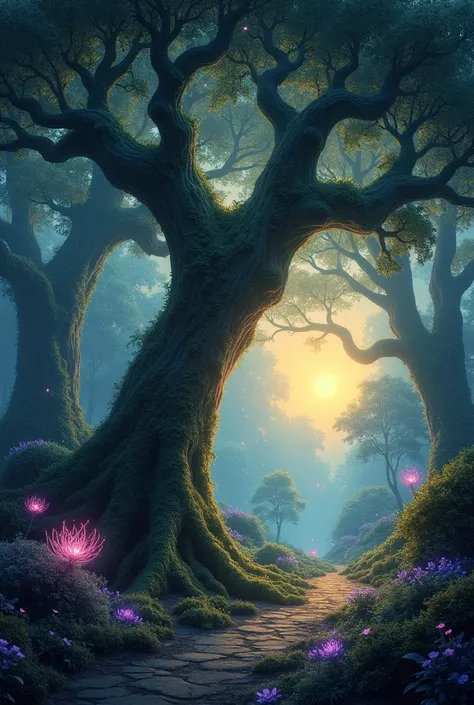 A mystical, enchanted forest at twilight, with glowing bioluminescent plants, towering ancient trees with twisted roots, and soft, magical mist curling around the trunks. The forest is bathed in the warm glow of a setting sun, and sparkling fireflies dance...