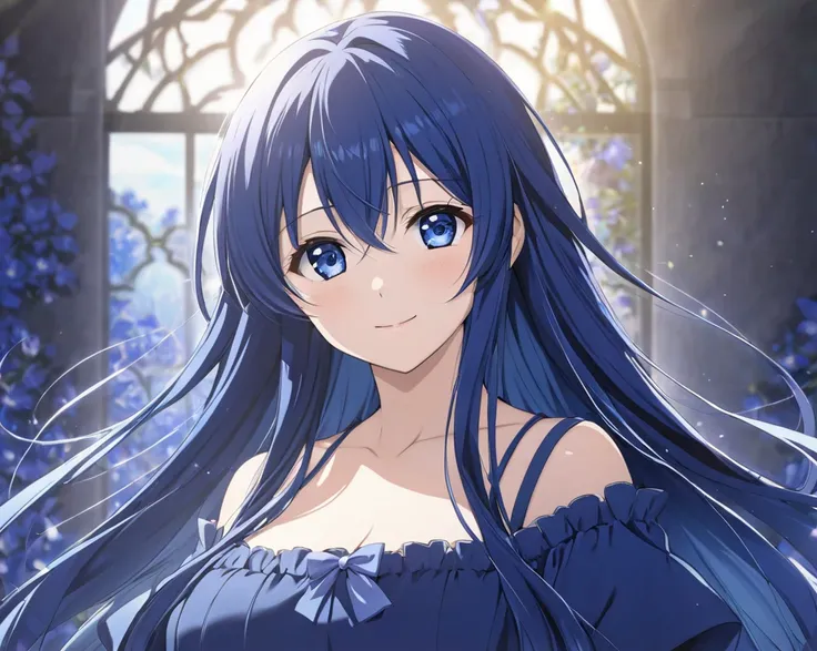 Beautiful older sister healing idol bust up photo anime picture, glossy blue hair, long hair, long eyes, calm atmosphere, gentle smile looking at me, healing background, dark blue dress with large breasts, Tsukasa Kumagi