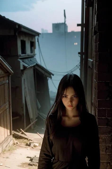 1girl by Bill Henson, Long Straight brown Hair, Big Breasts,depressed,tears,streaming tears,ruins,shadows,dramatic lighting,sunset,
contemporary,dark,expressionism,dystopia,industrial,