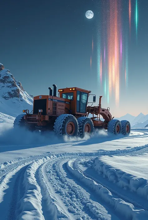 Large motor grader working on snow that the moon can see and meteorites falling in various colors