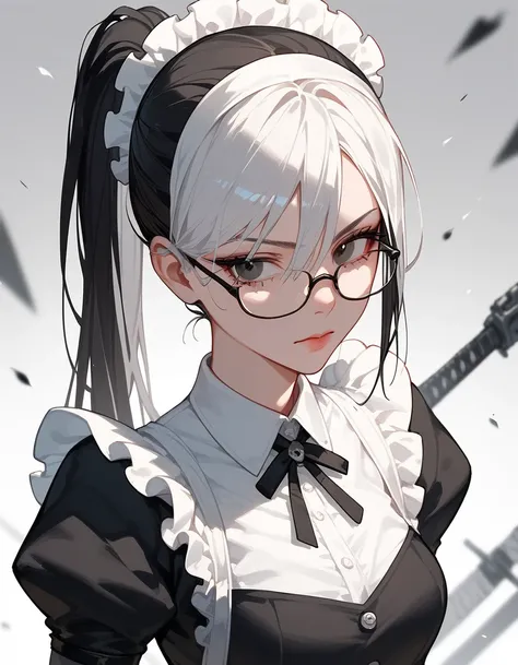 1 person,girl, white hair, Ponytail, in black eyes,Wear glasses, Long Sleeve Shirt,thin,Maid outfit,Dead Faces,Assassin,Multi-colored hair, black hair, white hair,