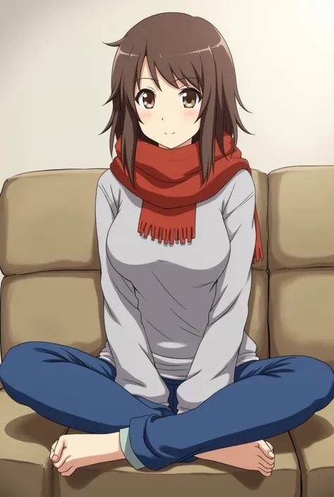 Bell, anime, brown hair, medium breasts, brown eyes, light smile, jeans, scarf, gray sweatshirt, blue pants, sitting, cross-legged, inside a smart home, sitting on the couch, Asada Shinos face, anime Sword Art Online, best quality