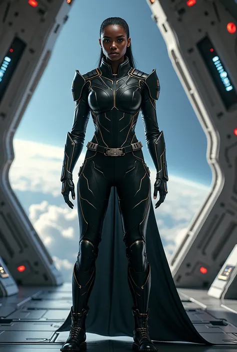 a woman, Thats right Black woman !  wearing a space warrior uniform on a starship