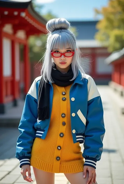 Female cosplay, Seiko Ayase Dandadan. with silver hair tied in a voluminous high bun,  rectangular red-frame glasses and a confident and challenging expression.  She wears a blue varsity jacket with white details ,  a knitted yellow dress with large button...