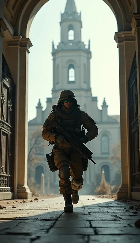 A lone soldier carrying a  away from a church with a suspected bomb, the church’s tall spire seen in the distance