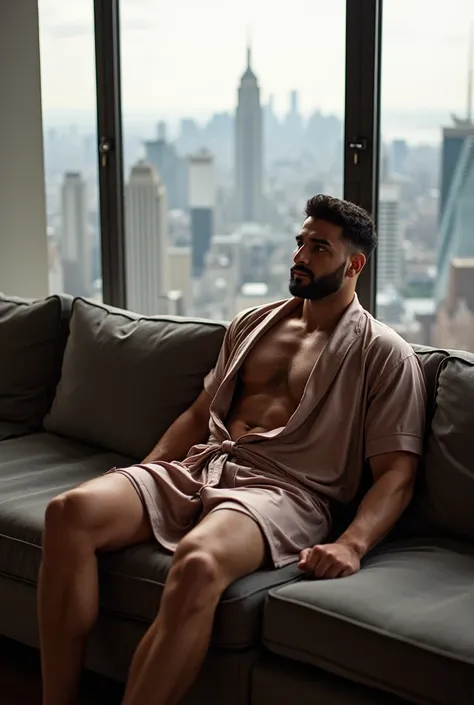 Lorenzo relaxes on a plush velvet sofa in a penthouse apartment with panoramic city views. He wears a silk robe, casually draped over his broad shoulders, hinting at the powerful physique beneath. The minimalist decor and soft lighting create an atmosphere...