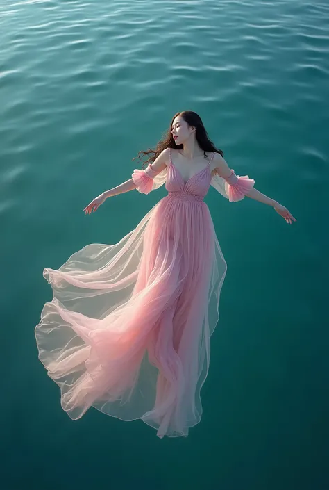 Bird eye view of a woman floating in sea in a transparent pink dress, majestic, ultra high definition, high vantage point