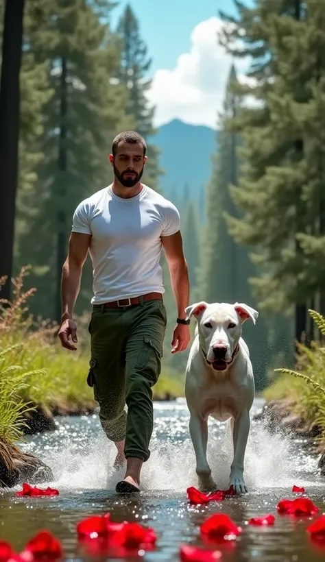 "A confident man in a fitted white t-shirt and green tactical pants walks through a vibrant stream with red rose petals floating around. Beside him is a massive Dogo Argentino, its white coat glistening in the sunlight. The dog’s muscular frame, sharp jawl...