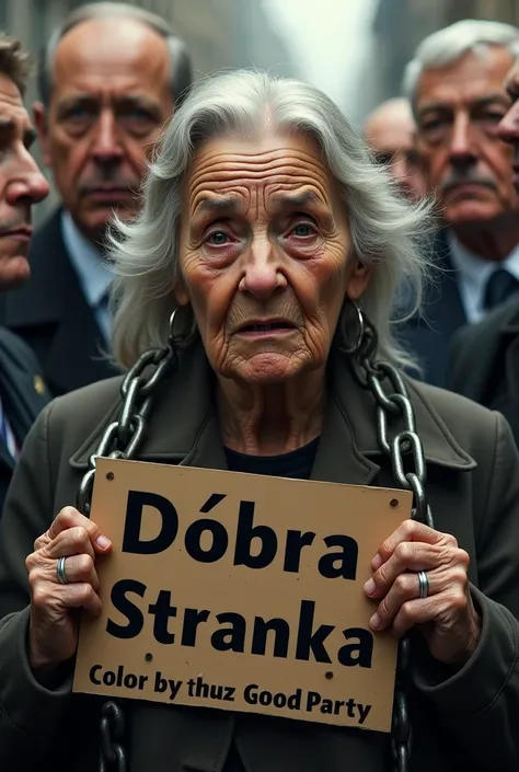 Mother old lady cry in chains around politicians with name on paper DOBRA STRANKA