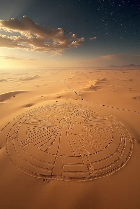 A birds-eye view of the Nazca desert with the lines forming geometric patterns and aligning with the stars in the sky, showing the potential connection to astronomy."