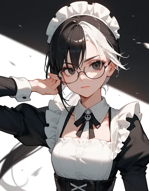 1 person,girl, white hair, Ponytail, in black eyes,Wear glasses, Long Sleeve Shirt,thin,Maid outfit,Dead Faces,Assassin,Multi-colored hair, black hair, white hair,cute,tidy