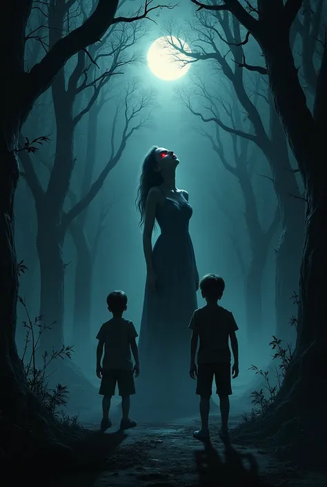 Dark night forest,  two boys, the woman slowly raised her head. Her eyes were red