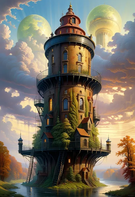 human thoughts about a high water tower. art, elegant, highly detailed fantasy, intricate canvas, oil, crunchy quality ,  epic ,  extremely beautiful art by Gediminas Pranckevičius, Jacek Jerka, Android Jones, thomas kinkade