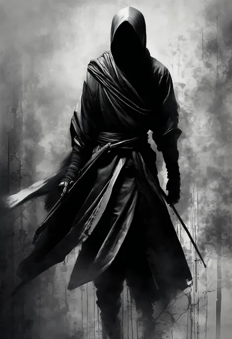 masterpiece,best quality,Ink Painting,Alone,tall and thin ninja character,(wearing minimal ninja armor,scarf,Masked,soft cloth,sleek,reflective fabric on the armor,matte cloth for the scarf), Stick to the wall,behind the wall,he is hiding,from behind,dark ...