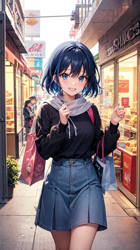 “An anime-style illustration of a lively shopping mall. A cheerful high school girl is walking through the mall with a shopping bag in one hand, looking around with excitement. The background features colorful storefronts, shoppers, and vibrant lighting, c...