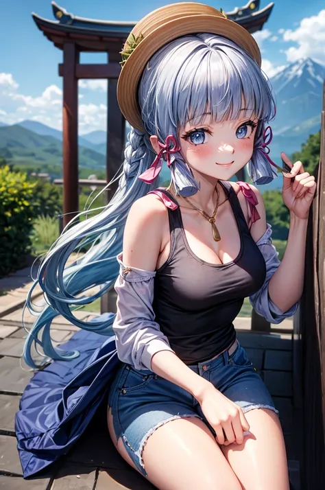 kamisato ayaka, upper body, smile, blush, outdoors, day, simple background, blue sky, long hair, sky, temple, looking at viewer, stairs, mountain, moody lighting, short jeans, large breast, tank top , close up