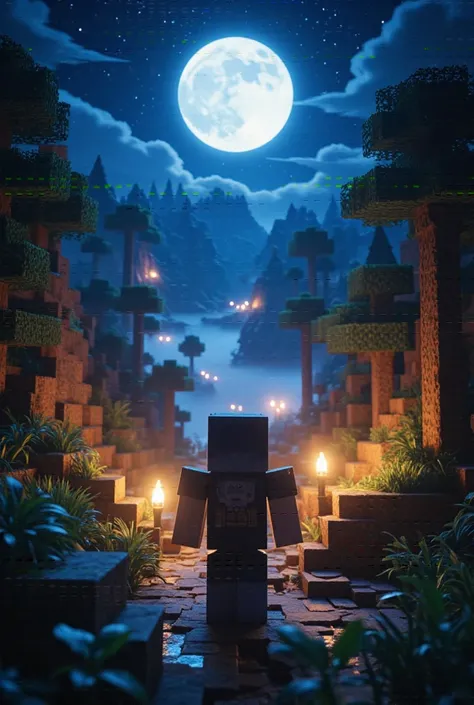 A minecraft movie, live action, glowing beautiful night