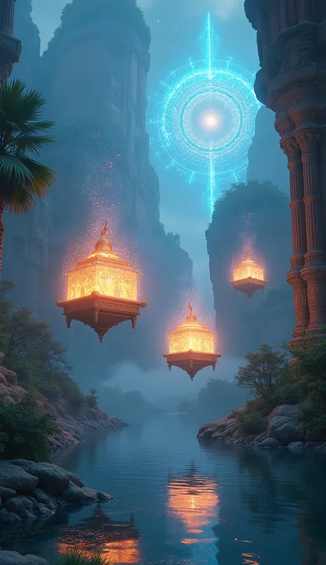 Three magical mysterious glowing box floating in the air, background scene of ancient India great god kingdom,a pond front of kingdom, and in the sky magical hole.