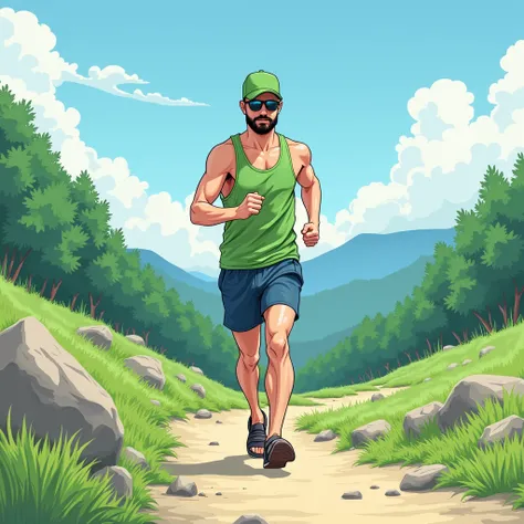  You are a genius illustrator 。
Please create a 、 Please create a Japanese boy manga style illustration 。
 I use it as a profile icon 。


Subject ：Japanese runner running in the mountains （38-year-old male）
 · skinhead
・Wearing a green cap
・Im wearing sung...