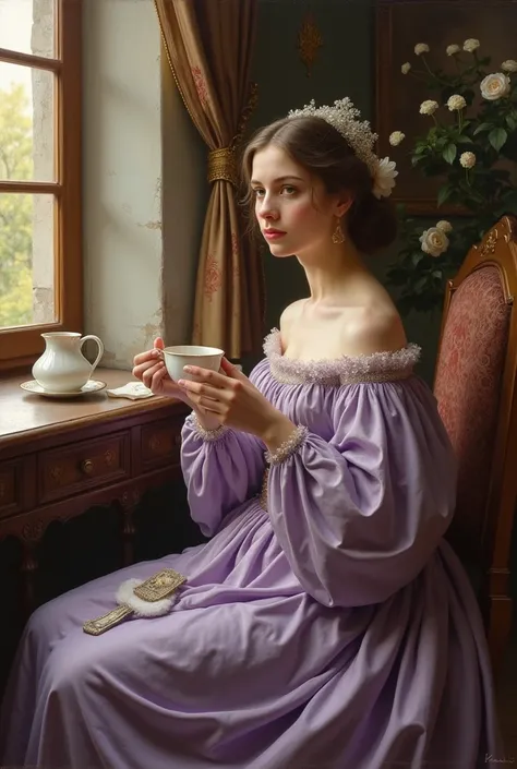 A 15th century style painting of a woman having morning tea in a lavender gown at dawn