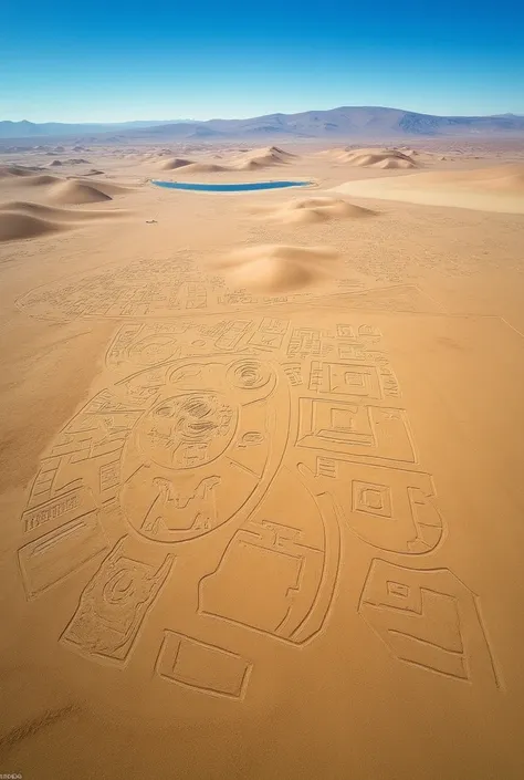 An aerial view of the Nazca Lines showcasing intricate geometric designs like squares, triangles, and spirals etched into the desert floor, against a bright blue sky."