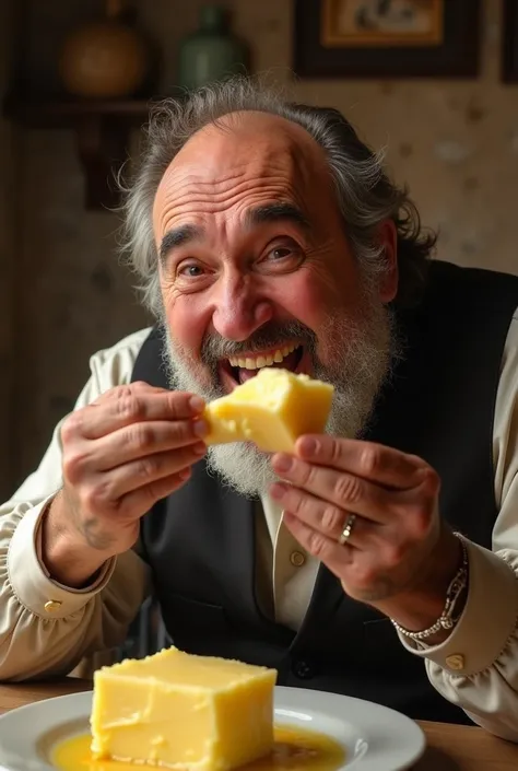 Gerard Depardieu is eating butter while laughing