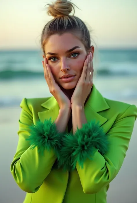 Woman Kendall ,  black eyes,  shiny lips , blush, shiny skin and light blond hair with a green bun tied up is on a beach at dusk in Punta Cana,  in a photo shoot that only focuses on her face , tiene las manos en su rostro posando como modelo con un traje ...