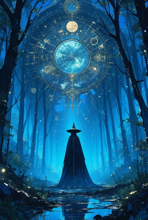 
 illustration of a clock in a dark blue forest with stars, concept art,  inspired by Petros Afshar,   Star Map, Magical Elven Geometry,  magic, jen bartel, mystical illustration,  alchemical art illustration , painting of a woman, fantasy art,, witch quee...