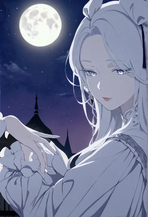 masterpiece, best quality, female, long hair, white hair, silver eyes, pale skin, blouse, dress, hair ribbon, gouache painting, full moon, upper body