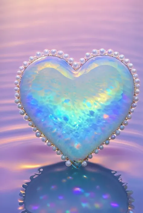  Bright opal heart ,  Floats on the surface of the water ,  with small pearls above the heart. Light illuminates everything 