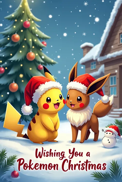 **Front of the Card:**

*Illustration of Pikachu and Eevee wearing Santa hats, surrounded by snowflakes and twinkling lights. In the background, a cozy Pokémon village can be seen, with a decorated Christmas tree and various Pokémon enjoying the holidays.*...