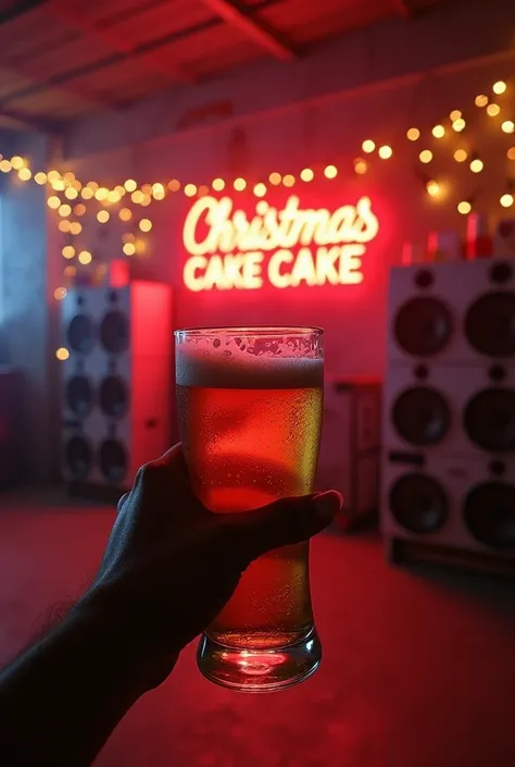 Self of a female hand holding a glass of beer  , In front of 4 large loudspeakers Rio de Janeiros favela dance,  a wall with several boxes up to the top . Headlights, speakers.  a large LED sign written  "CHRISTMAS CAKE " in Brazilian Portuguese,  Christma...