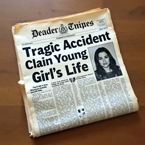 "A newspaper clipping with the headline Tragic Accident Claims Young Girl’s Life. The black-and-white text is partially crumpled, with Mia’s photo visible in one corner. The clipping is placed on a wooden surface, adding to the somber mood."