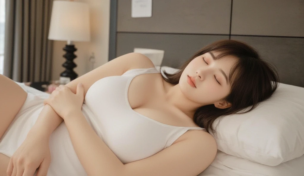 (best quality, photorealistic, ultra-detailed), perfect body proportions, slim fit, (huge breasts:1.3), sleeping in the bedroom, luxury apartment, (she wearing tank top white,close eye)