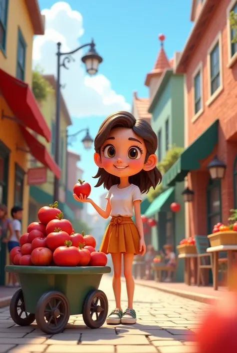 A woman wearing short skirt road apple selling. 3d cartoon realistic ai image 