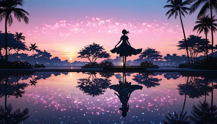 This image is、It depicts a beautiful light blue sky and pink clouds in the background。..  and the sky changes from deep black to deep white as it rises 、 near the horizon . This statue is、 looks like its surrounded by small glowing fairy lights 。, Part of ...